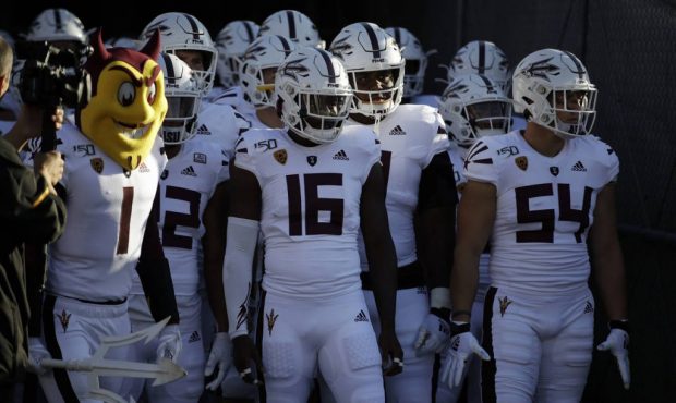 Arizona State players prepare to enter the field before an NCAA college football game against UCLA ...