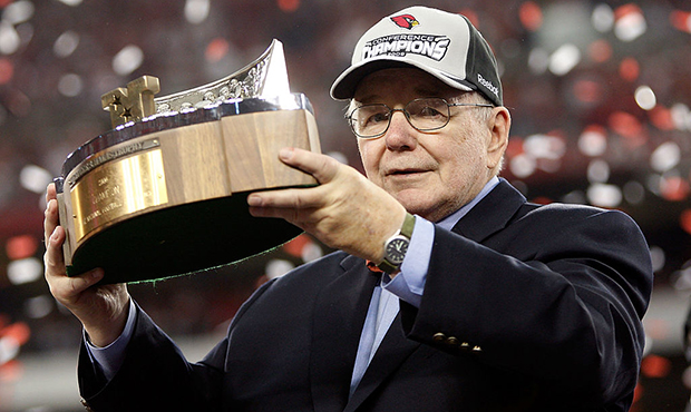 Owner Bill Bidwill of the Arizona Cardinals holds up the George S. Halas trophy after winning the N...
