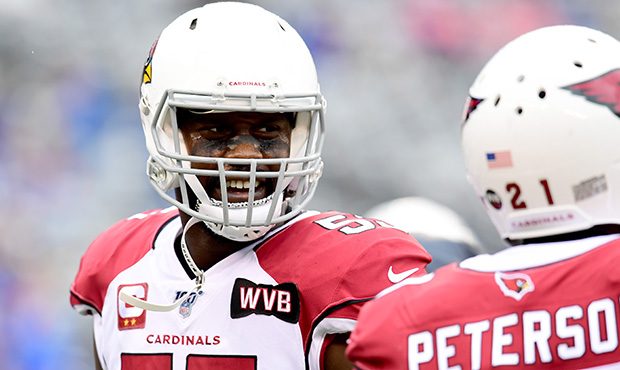 Chandler Jones #55 of the Arizona Cardinals smiles prior to their game against the New York Giants ...