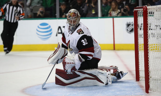 Antti Raanta #32 of the Arizona Coyotes at American Airlines Center on October 4, 2018 in Dallas, T...