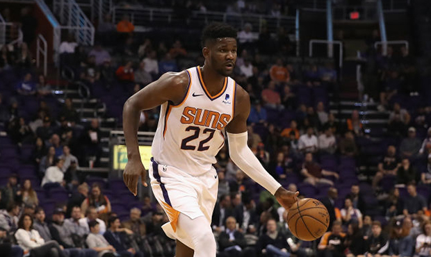 Deandre Ayton #22 of the Phoenix Suns handles the ball during the second half of the NBA game again...