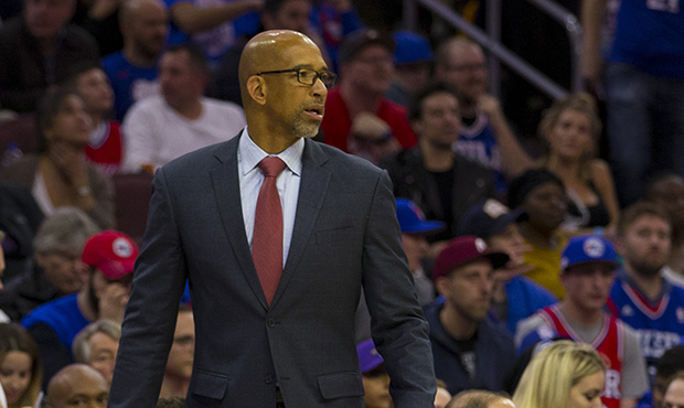 Assistant coach Monty Williams of the Philadelphia 76ers looks on against the Toronto Raptors in Ga...