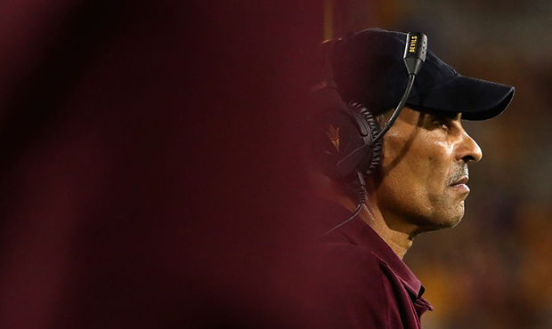 Head coach Herm Edwards of the Arizona State Sun Devils watches from the sidelines during the first...