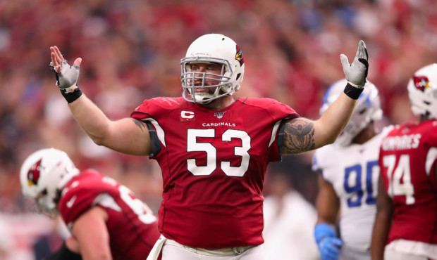 Center A.Q. Shipley #53 of the Arizona Cardinals reacts during the second half of the NFL game agai...