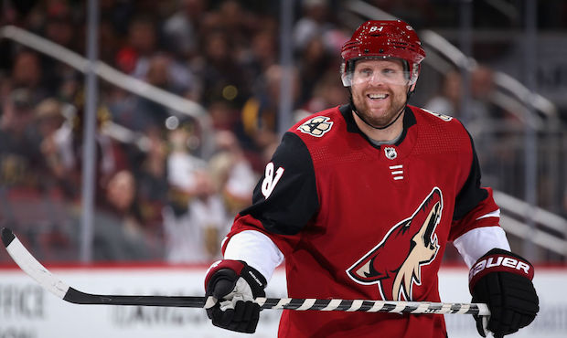 Phil Kessel #81 of the Arizona Coyotes reacts during the third period of the NHL game against the V...