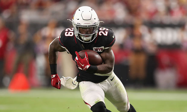 Running back Chase Edmonds #29 of the Arizona Cardinals rushes the football against the Atlanta Fal...