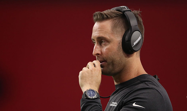 Head coach Kliff Kingsbury of the Arizona Cardinals watches from the sidelines during the second ha...