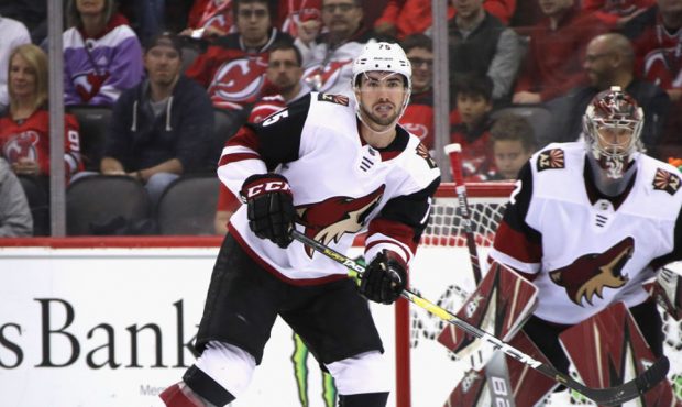 Kyle Capobianco #75 of the Arizona Coyotes skates against the New Jersey Devils at the Prudential C...
