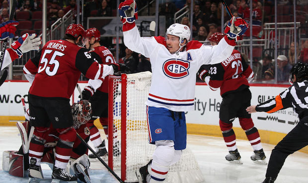 Brendan Gallagher #11 of the Montreal Canadiens celebrates after scoring a goal against goaltender ...