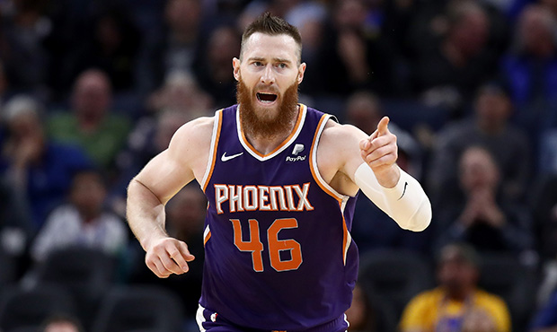 Aron Baynes #46 of the Phoenix Suns reacts after making a basket against the Golden State Warriors ...