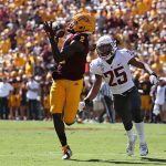 TEMPE, ARIZONA - OCTOBER 12:  Wide receiver Brandon Aiyuk #2 of the Arizona State Sun Devils catches a 40 yard touchdown reception past safety Skyler Thomas #25 of the Washington State Cougars during the first half of the NCAAF game at Sun Devil Stadium on October 12, 2019 in Tempe, Arizona. (Photo by Christian Petersen/Getty Images)