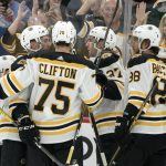 
              RETRANSMISSION TO CORRECT GOAL SCORED BY BRAD MARCHAND - Boston Bruins' players Connor Clifton (75) Matt Grzelcyk (48) Brad Marchand (63) David Pastrnak (88) celebrate Brad Marchand's goal against the Arizona Coyotes' during the first period of an NHL hockey game Saturday, Oct. 5, 2019, in Glendale, Ariz. (AP Photo/Darryl Webb)
            