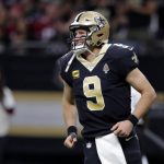 New Orleans Saints quarterback Drew Brees (9) reacts in the second half of an NFL football game against the Arizona Cardinals in New Orleans, Sunday, Oct. 27, 2019. The Saints won 31-9. (AP Photo/Bill Feig)