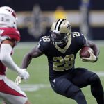 New Orleans Saints running back Latavius Murray (28) carries against Arizona Cardinals cornerback Byron Murphy (33) in the first half of an NFL football game in New Orleans, Sunday, Oct. 27, 2019. (AP Photo/Bill Feig)