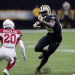 New Orleans Saints running back Latavius Murray (28) carries against Arizona Cardinals defensive back Tramaine Brock (20) in the first half of an NFL football game in New Orleans, Sunday, Oct. 27, 2019. (AP Photo/Bill Feig)
