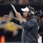 New Orleans Saints head coach Sean Payton calls out from the sideline in the first half of an NFL football game against the Arizona Cardinals in New Orleans, Sunday, Oct. 27, 2019. (AP Photo/Bill Feig)
