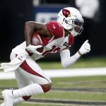 Arizona Cardinals wide receiver Pharoh Cooper (12) returns a kickoff in the first half of an NFL football game against the New Orleans Saints in New Orleans, Sunday, Oct. 27, 2019. (AP Photo/Butch Dill)