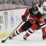 Arizona Coyotes' Clayton Keller (9) chases New Jersey Devils' P.K. Subban (76) during the first period of an NHL hockey game Friday, Oct. 25, 2019, in Newark, N.J. (AP Photo/Frank Franklin II)