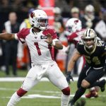 Arizona Cardinals quarterback Kyler Murray (1) passes as New Orleans Saints outside linebacker Kiko Alonso (54) pursues in the first half of an NFL football game in New Orleans, Sunday, Oct. 27, 2019. (AP Photo/Butch Dill)