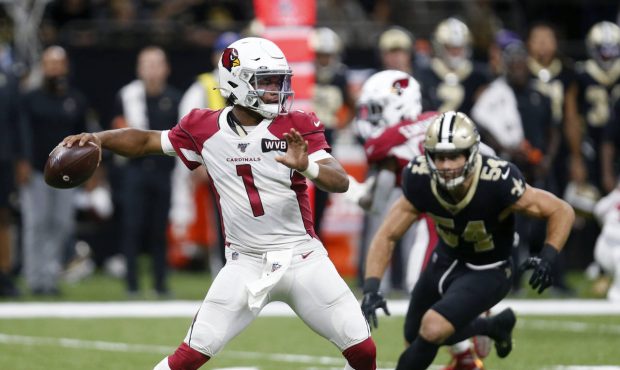 Arizona Cardinals quarterback Kyler Murray (1) passes as New Orleans Saints outside linebacker Kiko...