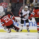 Arizona Coyotes' Michael Grabner (40) reacts after scoring a goal as New Jersey Devils goaltender Mackenzie Blackwood (29) and Devils' P.K. Subban (76) look away during the second period of an NHL hockey game Friday, Oct. 25, 2019, in Newark, N.J. (AP Photo/Frank Franklin II)