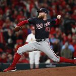 Washington Nationals relief pitcher Sean Doolittle throws during the eighth inning of Game 1 of the baseball National League Championship Series against the St. Louis Cardinals Friday, Oct. 11, 2019, in St. Louis. (AP Photo/Jeff Roberson)