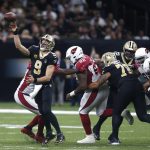 New Orleans Saints quarterback Drew Brees (9) passes in the second half of an NFL football game against the Arizona Cardinals in New Orleans, Sunday, Oct. 27, 2019. The Saints won 31-9. (AP Photo/Butch Dill)