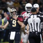 New Orleans Saints quarterback Drew Brees (9) reacts to the officials after prematurely blowing a play dead in the first half of an NFL football game against the Arizona Cardinals in New Orleans, Sunday, Oct. 27, 2019. (AP Photo/Butch Dill)