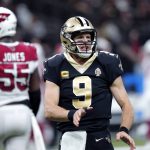 New Orleans Saints quarterback Drew Brees (9) reacts in the first half of an NFL football game against the Arizona Cardinals in New Orleans, Sunday, Oct. 27, 2019. (AP Photo/Bill Feig)