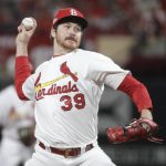 St. Louis Cardinals starting pitcher Miles Mikolas throws during the second inning of Game 1 of the National League Championship Series baseball game against the Washington Nationals Friday, Oct. 11, 2019, in St. Louis. (AP Photo/Mark Humphrey)