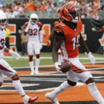 Cincinnati Bengals wide receiver Auden Tate (19) catches a touchdown pass in the second half of an NFL football game against the Arizona Cardinals, Sunday, Oct. 6, 2019, in Cincinnati. (AP Photo/Frank Victores)