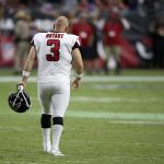 Atlanta Falcons kicker Matt Bryant (3) walls to his bench after missing the point after against the Arizona Cardinals during the second half of an NFL football game, Sunday, Oct. 13, 2019, in Glendale, Ariz. (AP Photo/Ross D. Franklin)