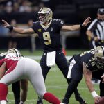 New Orleans Saints quarterback Drew Brees (9) calls out an audible from the line of scrimmage in the first half of an NFL football game against the Arizona Cardinals in New Orleans, Sunday, Oct. 27, 2019. (AP Photo/Bill Feig)