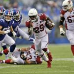 Arizona Cardinals' Chase Edmonds (29) runs the ball for a touchdown during the second half of an NFL football game against the New York Giants, Sunday, Oct. 20, 2019, in East Rutherford, N.J. (AP Photo/Adam Hunger)