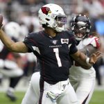 Arizona Cardinals quarterback Kyler Murray (1) throws against the Atlanta Falcons during the first half of an NFL football game, Sunday, Oct. 13, 2019, in Glendale, Ariz. (AP Photo/Ross D. Franklin)