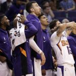 The Phoenix Suns react during the second half of an NBA basketball game against the Utah Jazz, Monday, Oct. 28, 2019, in Phoenix. The Jazz won 96-95. (AP Photo/Matt York)
