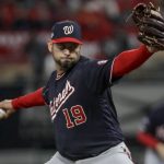 Washington Nationals starting pitcher Anibal Sanchez throws during the fifth inning of Game 1 of the baseball National League Championship Series against the St. Louis Cardinals Friday, Oct. 11, 2019, in St. Louis. (AP Photo/Mark Humphrey)
