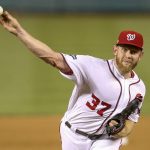 Washington Nationals starting pitcher Stephen Strasburg (37) pitches during the sixth inning of a National League wild card baseball game against the Milwaukee Brewers at Nationals Park, Tuesday, Oct. 1, 2019, in Washington. (AP Photo/Andrew Harnik)
