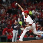 St. Louis Cardinals relief pitcher Giovanny Gallegos throws during the seventh inning of Game 1 of the baseball National League Championship Series against the Washington Nationals Friday, Oct. 11, 2019, in St. Louis. (AP Photo/Jeff Roberson)