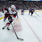 Arizona Coyotes center Carl Soderberg (34) moves the puck against the Colorado Avalanche during the second period of an NHL hockey game, Saturday, Oct. 12, 2019, in Denver (AP Photo/Jack Dempsey)