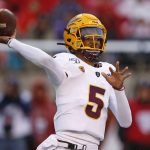 Arizona State quarterback Jayden Daniels throws a pass during the first half of an NCAA college football game against Utah on Saturday, Oct. 19, 2019, in Salt Lake City. (AP Photo/Rick Bowmer)