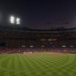 Busch Stadium is seen during player introductions before Game 1 of the National League Championship Series baseball game between the St. Louis Cardinals and the Washington Nationals Friday, Oct. 11, 2019, in St. Louis. (AP Photo/Charlie Riedel)