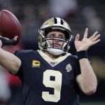 New Orleans Saints quarterback Drew Brees (9) warms up with his splinted thumb before an NFL football game against the Arizona Cardinals in New Orleans, Sunday, Oct. 27, 2019. (AP Photo/Bill Feig)