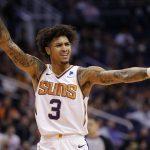 Phoenix Suns forward Kelly Oubre Jr. (3) motions to the officials during the first half of an NBA basketball game against the Utah Jazz, Monday, Oct. 28, 2019, in Phoenix. (AP Photo/Matt York)