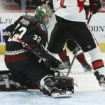 Arizona Coyotes goaltender Antti Raanta makes a save against the Ottawa Senators during the second period of an NHL hockey game Saturday, Oct. 19, 2019, in Glendale, Ariz. (AP Photo/Ross D. Franklin)