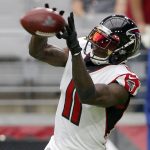 Atlanta Falcons wide receiver Julio Jones (11) warms up prior to an NFL football game against the Arizona Cardinals, Sunday, Oct. 13, 2019, in Glendale, Ariz. (AP Photo/Rick Scuteri)
