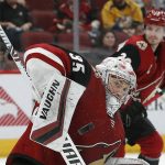Arizona Coyotes goaltender Darcy Kuemper (35) makes a save against the Nashville Predators during the third period of an NHL hockey game Thursday, Oct. 17, 2019, in Glendale, Ariz. The Coyotes won 5-2. (AP Photo/Rick Scuteri)