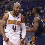 Phoenix Suns guard Jevon Carter (4) reacts after being fouled during the second half of the team's preseason NBA basketball game against the Minnesota Timberwolves, Tuesday, Oct. 8, 2019, in Phoenix. (AP Photo/Rick Scuteri)