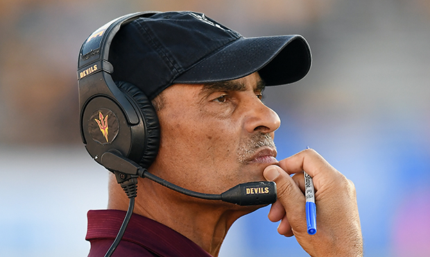 Arizona State Sun Devils Head Coach Herm Edwards on the sidelines during a college football game ag...
