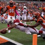 CINCINNATI, OHIO - OCTOBER 06: Kyler Murray #1 of the Arizona Cardinals dives into the end zone to score a touchdown during the first quarter of the NFL football game against the Cincinnati Bengals at Paul Brown Stadium on October 06, 2019 in Cincinnati, Ohio. (Photo by Bryan Woolston/Getty Images)